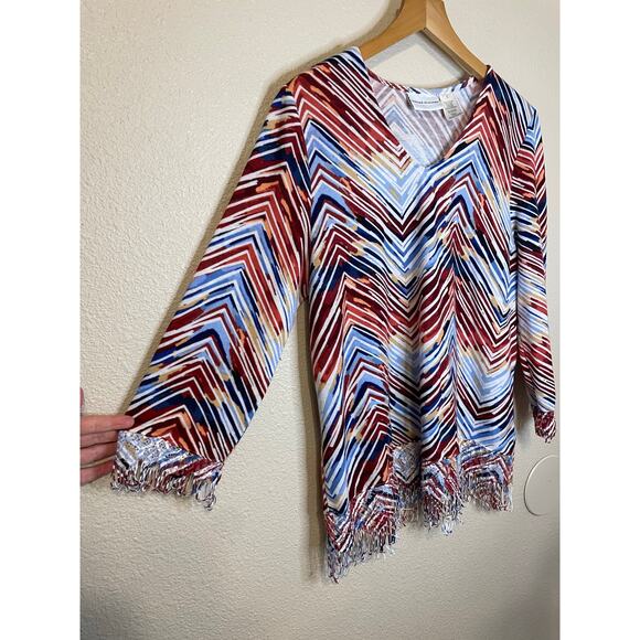 Alfred Dunner Boho Zig Zag Multicolor Fringe Long Sleeve Women's Blouse Large - Picture 3 of 9